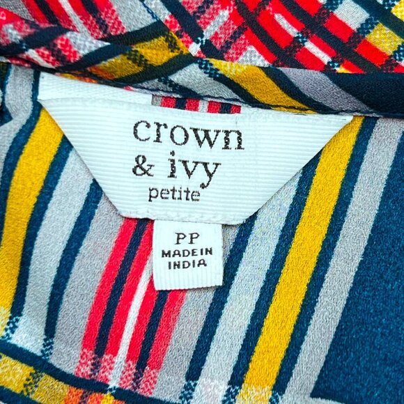 Crown and Ivy Petite Plaid Blouse 3/4 Sleeve Ruffle Size PP (XS) - Picture 6 of 7